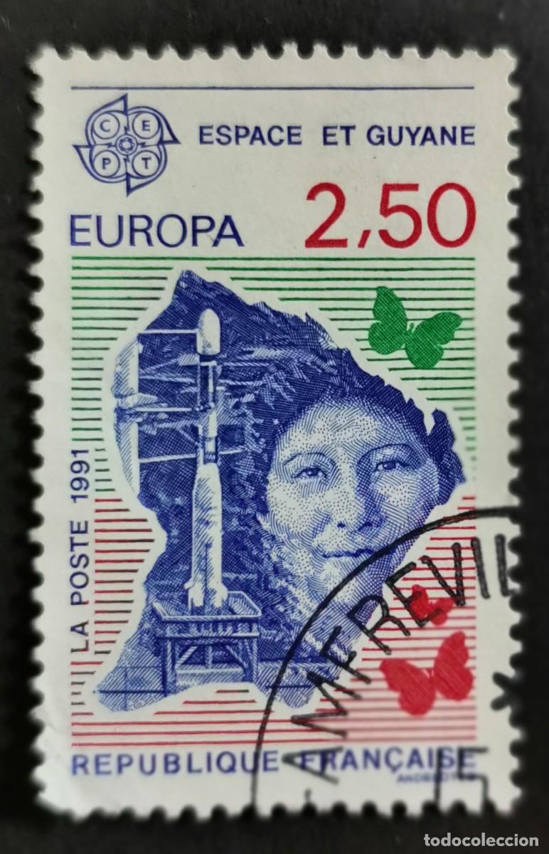Sellos: Sello Francia 1991, Cohete Ariane y mapa de la Guayana Francesa, 2,50 F Michel: 2834