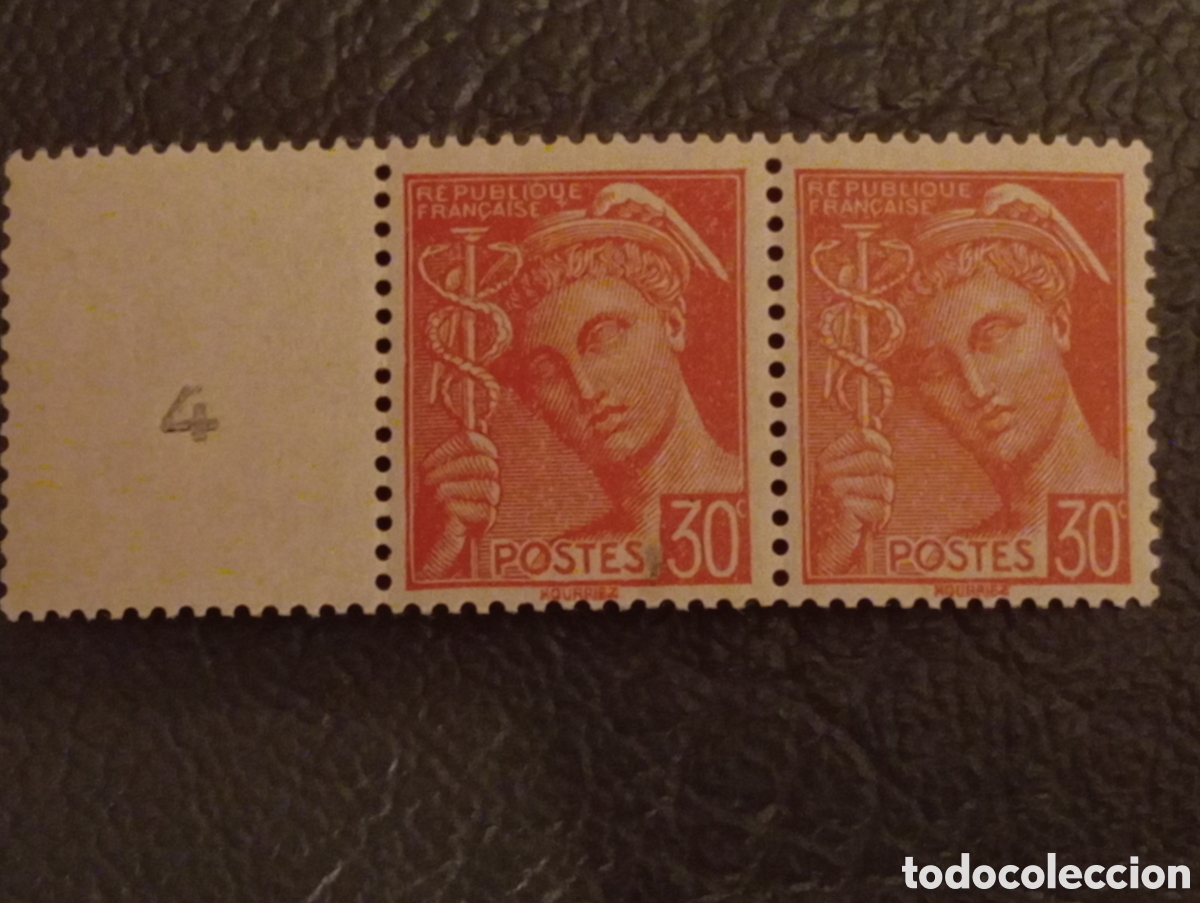 Sellos: **Francia 1938 - Sello Mercurio 30c Rojo - Yvert 412 MNH ** Pareja Con Borde De Hoja N&ordm; 4