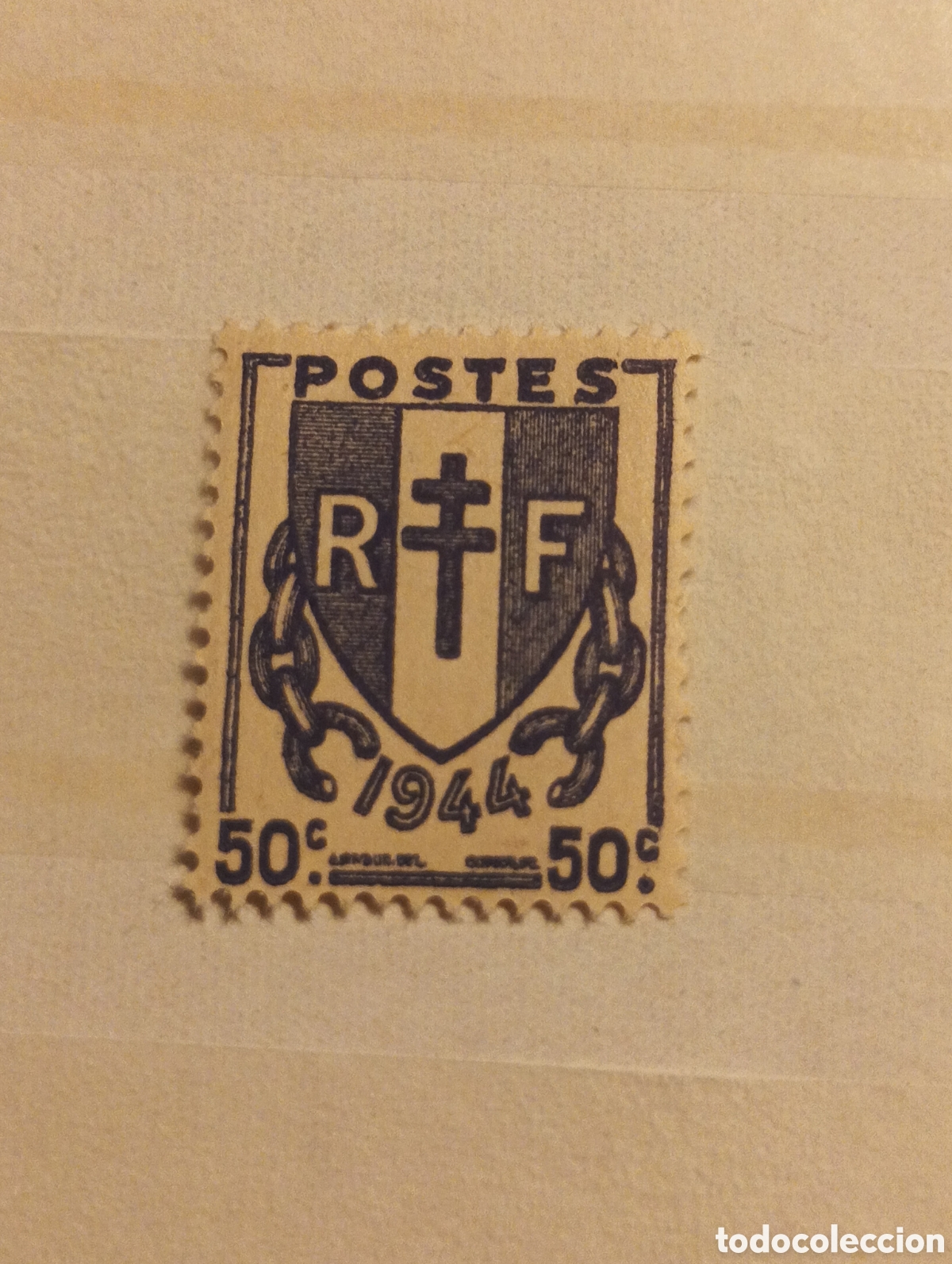 Sellos: sello postal franc&eacute;s de 50 c&eacute;ntimos emitido en 1944 Yverte 673 nuevo con goma