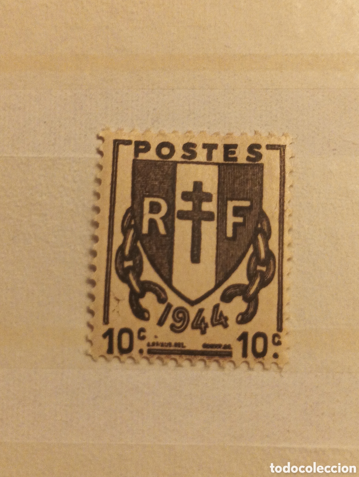 Sellos: sello postal franc&eacute;s de 10 c&eacute;ntimos emitido en 1944 Yverte 671 nuevo con goma