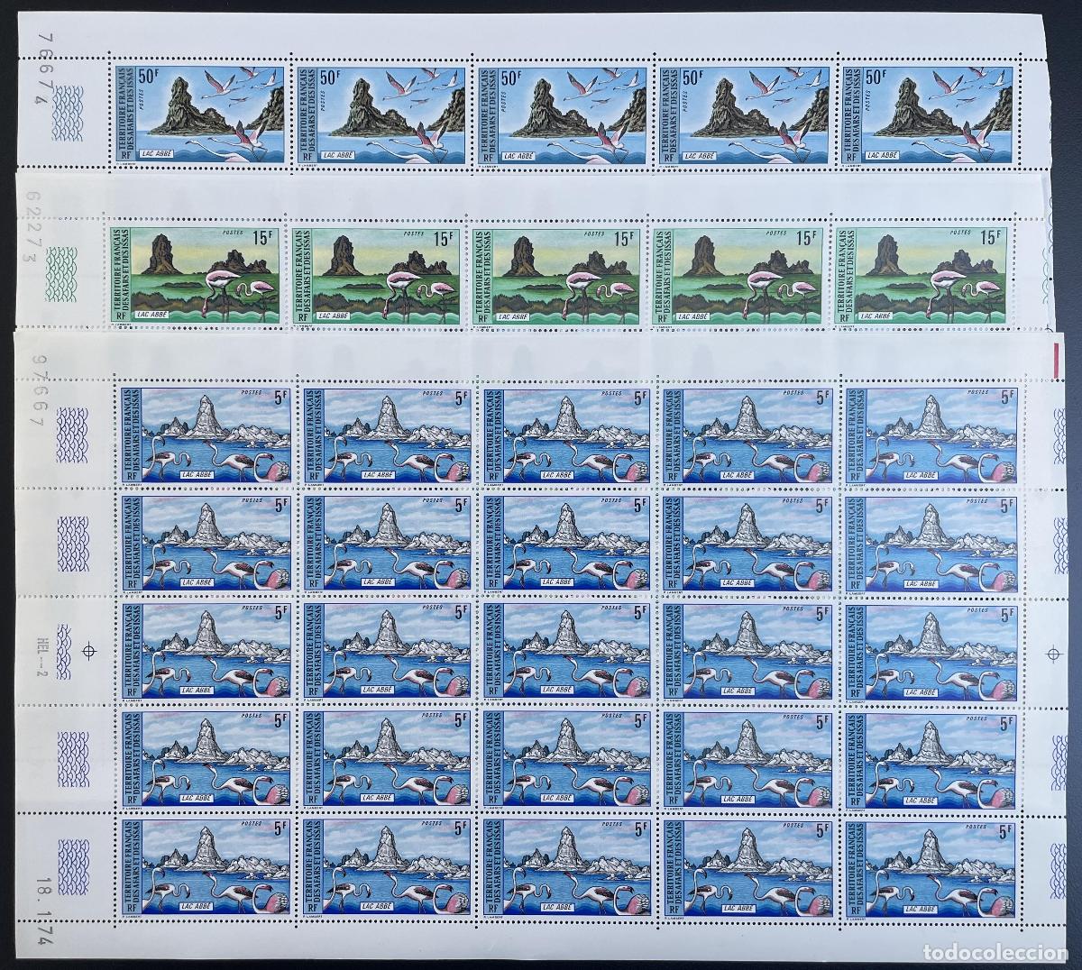 Sellos: Afars and Issas 1974 Yt 384-386 tabla de aves naturales lago abad flamenco rosado