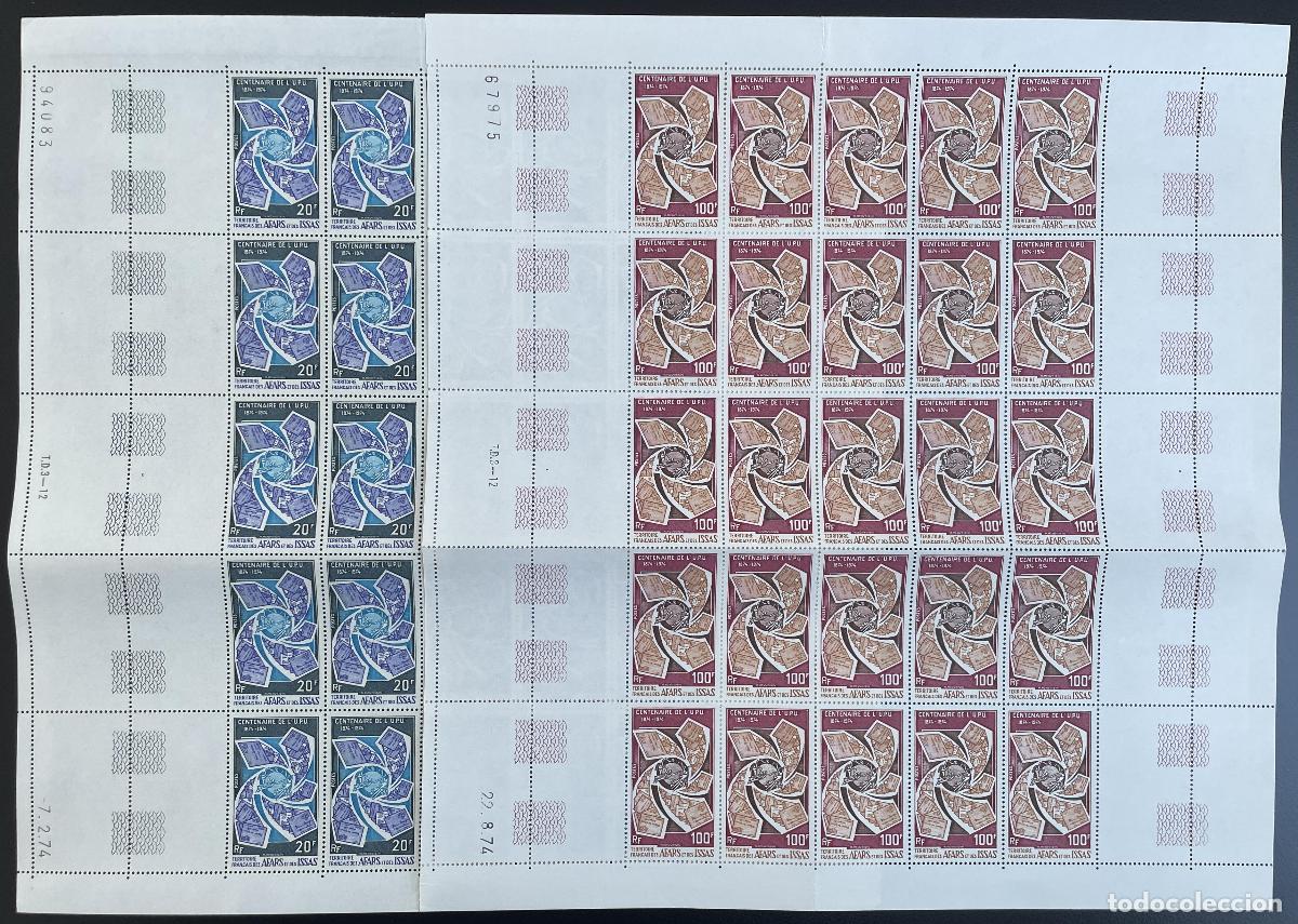 Sellos: Afars e Issas 1974 YT 388-389 placa centenario de la UPU uni&oacute;n postal universal