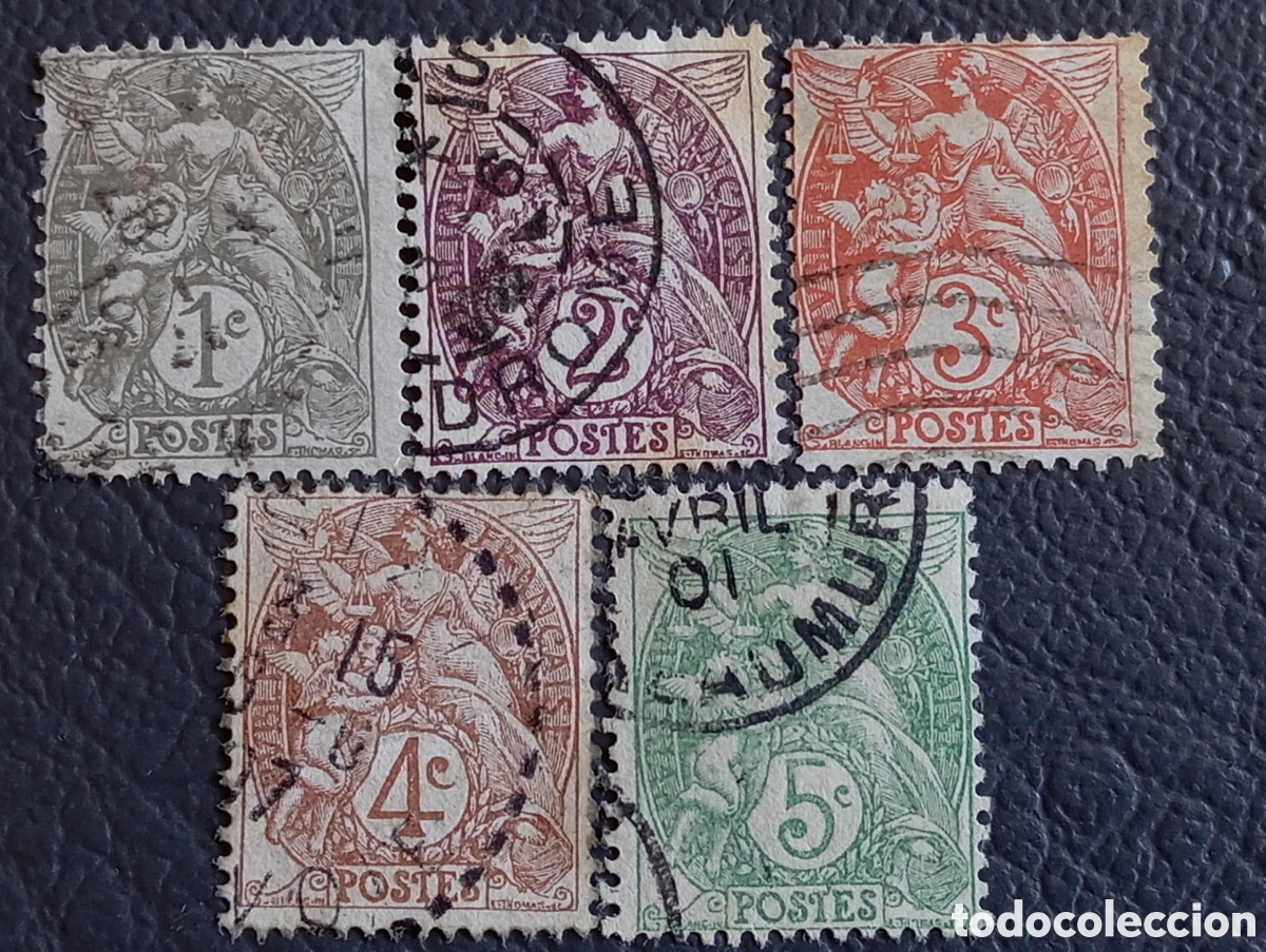 Sellos: FRANCIA 1900 &middot; Serie &rdquo;Type Blanc&rdquo; &middot; 1c al 5c &middot; 5 Valores &middot; Scott 109-113 &middot; Yvert 107-111 &middot; Usados