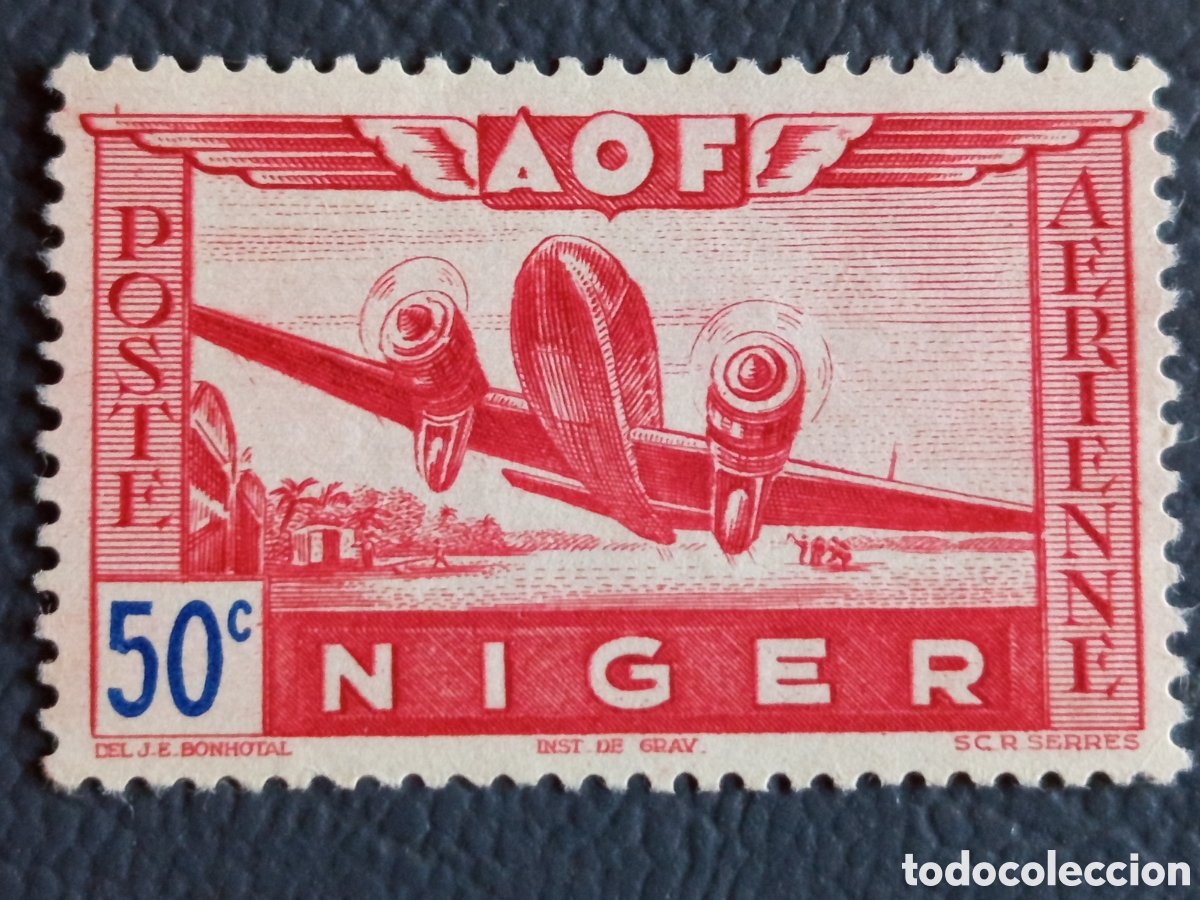 Sellos: N&iacute;ger AOF 1942 50c Correo A&eacute;reo avi&oacute;n bimotor MH Scott C8 colonia francesa