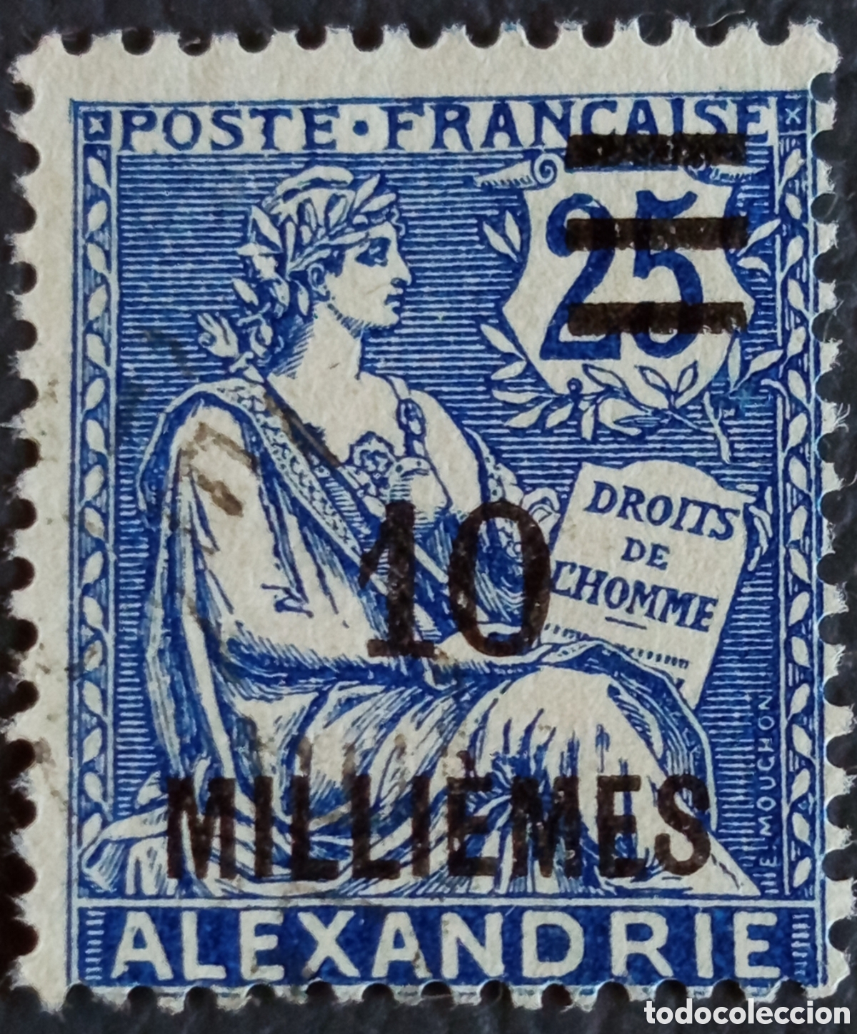 Sellos: Francia Alexandrie Egipto 1921 Mouchon 10m/25c Azul Yvert 42