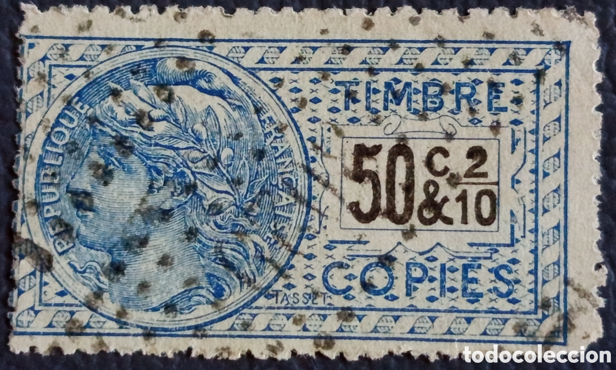 Sellos: Francia Timbre Fiscal &rdquo;Copies&rdquo; 50c 2/10 Rep&uacute;blique Fran&ccedil;aise Usado