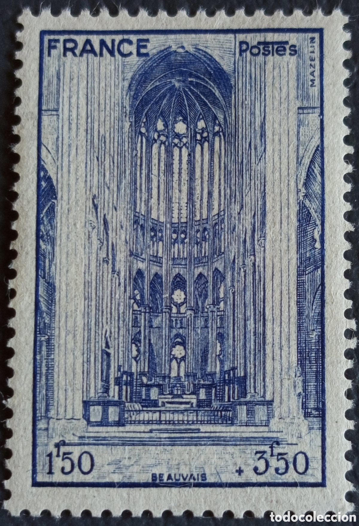 Sellos: Francia 1944 Catedral de Beauvais 1F50+3F50 Azul Yvert 666 MH