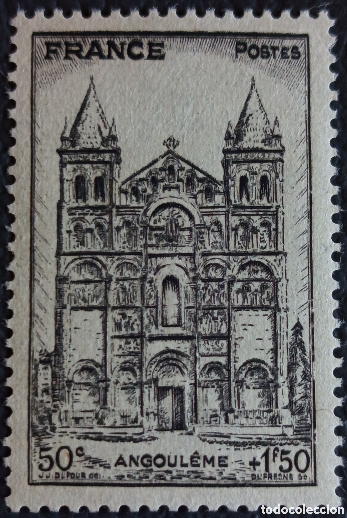 Sellos: Francia 1944 Catedral de Angulema 50c+1F50 Negro Yvert 663 MNH★★