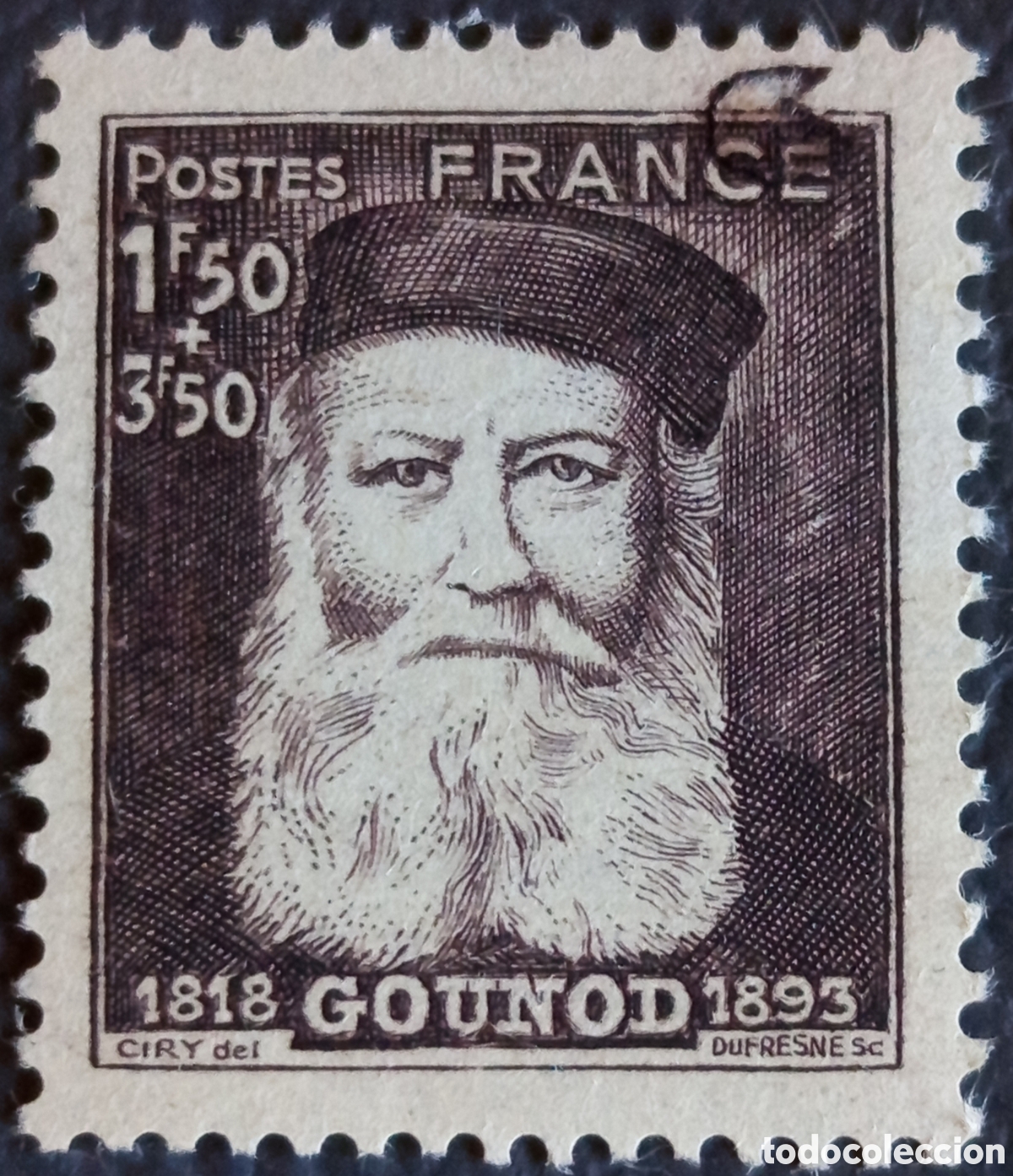Sellos: Francia 1944 Charles Gounod 1F50+3F50 S&eacute;pia Yvert 601 MNH