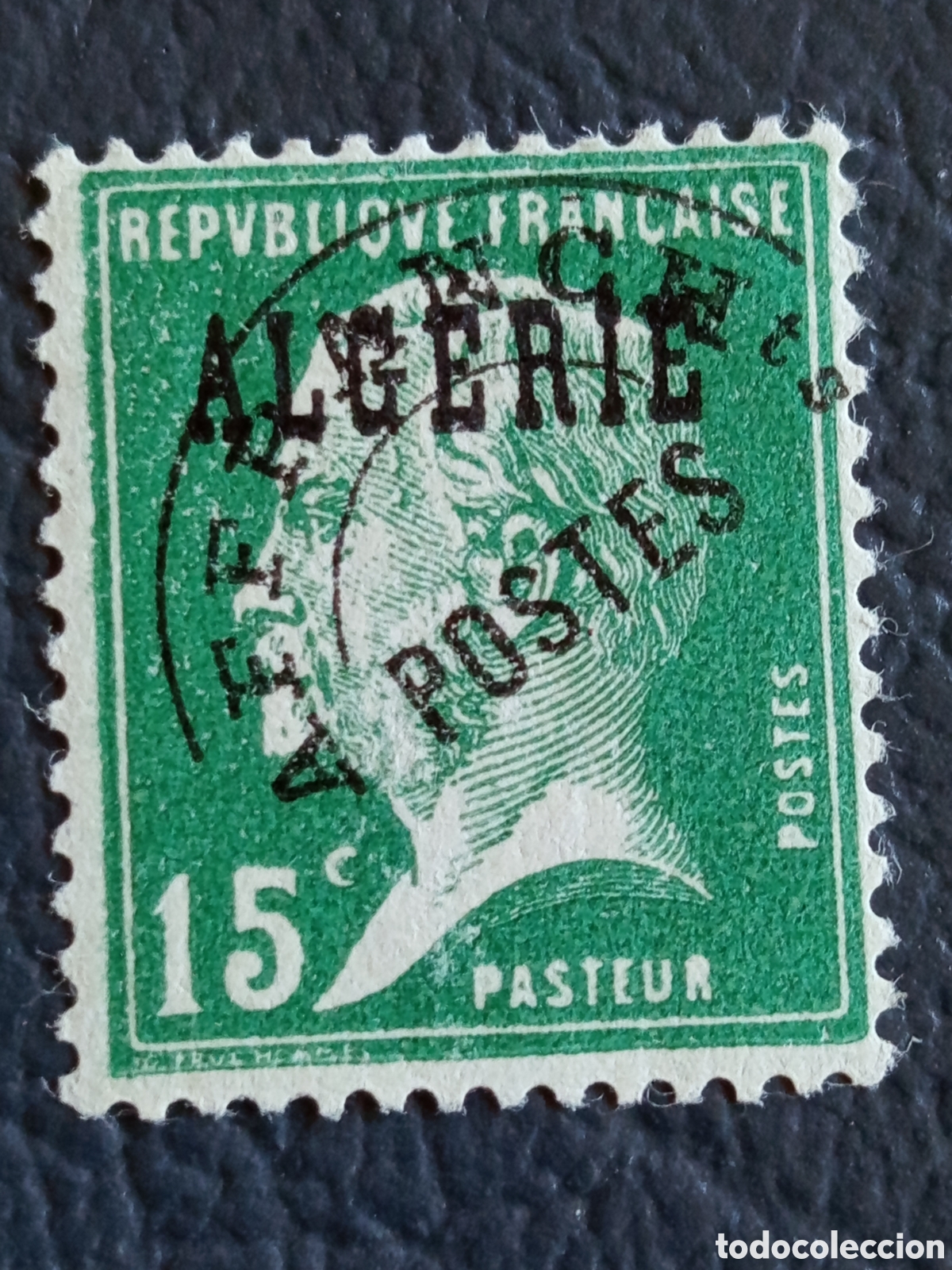 Sellos: Sello Argelia Francesa 1924 Louis Pasteur 15c Verde Sobrecarga Negra Usado Cat#2