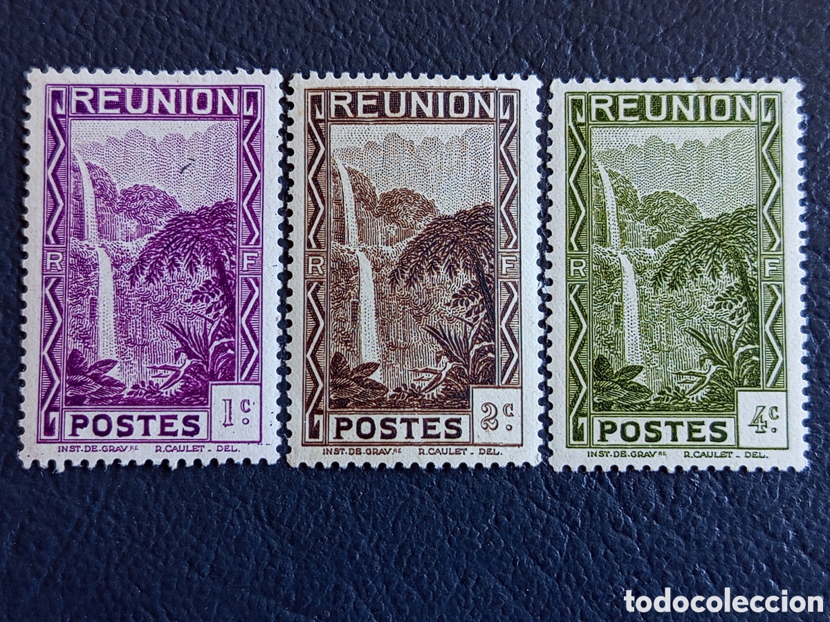 Sellos: Serie 3 Sellos Reuni&oacute;n 1933 Cascada de la Ravine S&egrave;che 1c, 2c y 4c Cat#118-120 MH