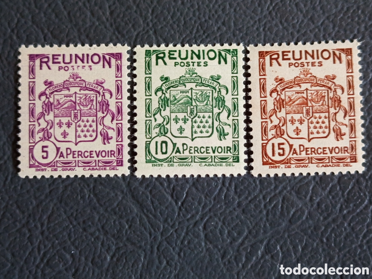Francobolli: Lote 3 Sellos Reunion 1947 Tasa Escudo Armas Cat. Scott #J49-J51 MNH