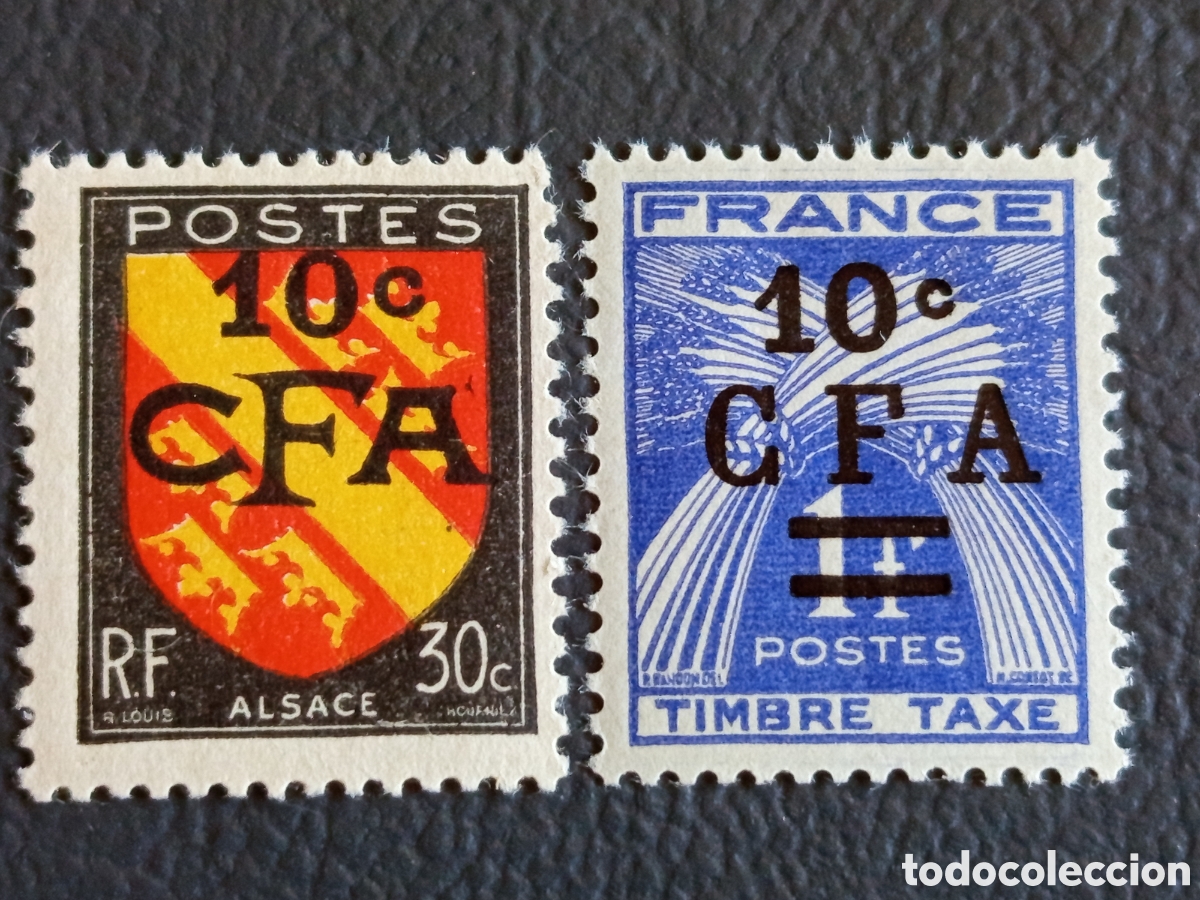 Sellos: Lote 2 Sellos Reuni&oacute;n 1949 Sobrecarga 10c CFA sobre Alsacia y Tasa MNH.