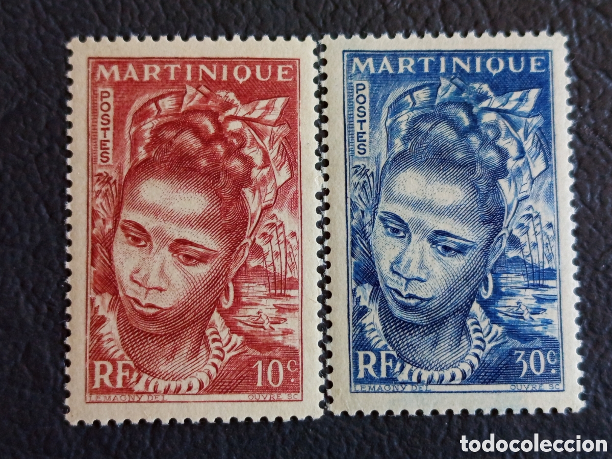 Sellos: Lote 2 Sellos Martinica 1947 Retrato de Mujer de Lemagny MH.