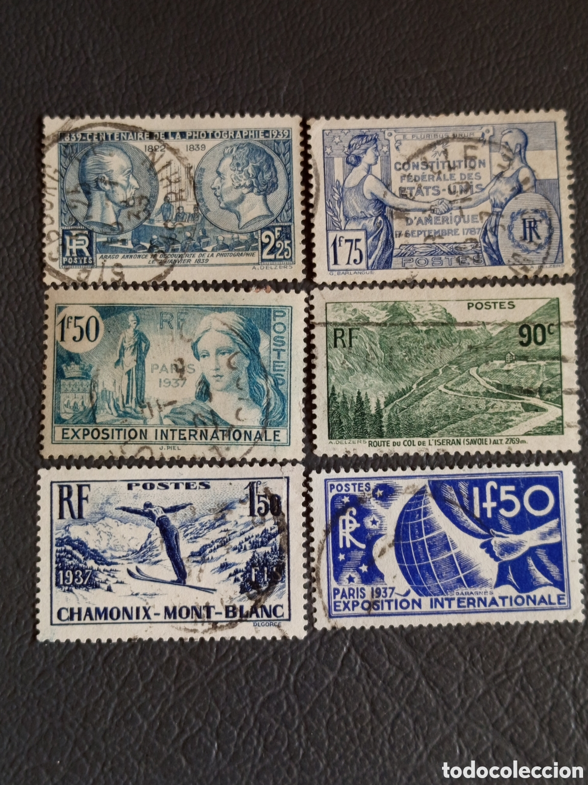 Sellos: &rdquo;Francia 1937-39 Exposiciones, Constituci&oacute;n EEUU, Chamonix, lote 6 sellos usados&rdquo;