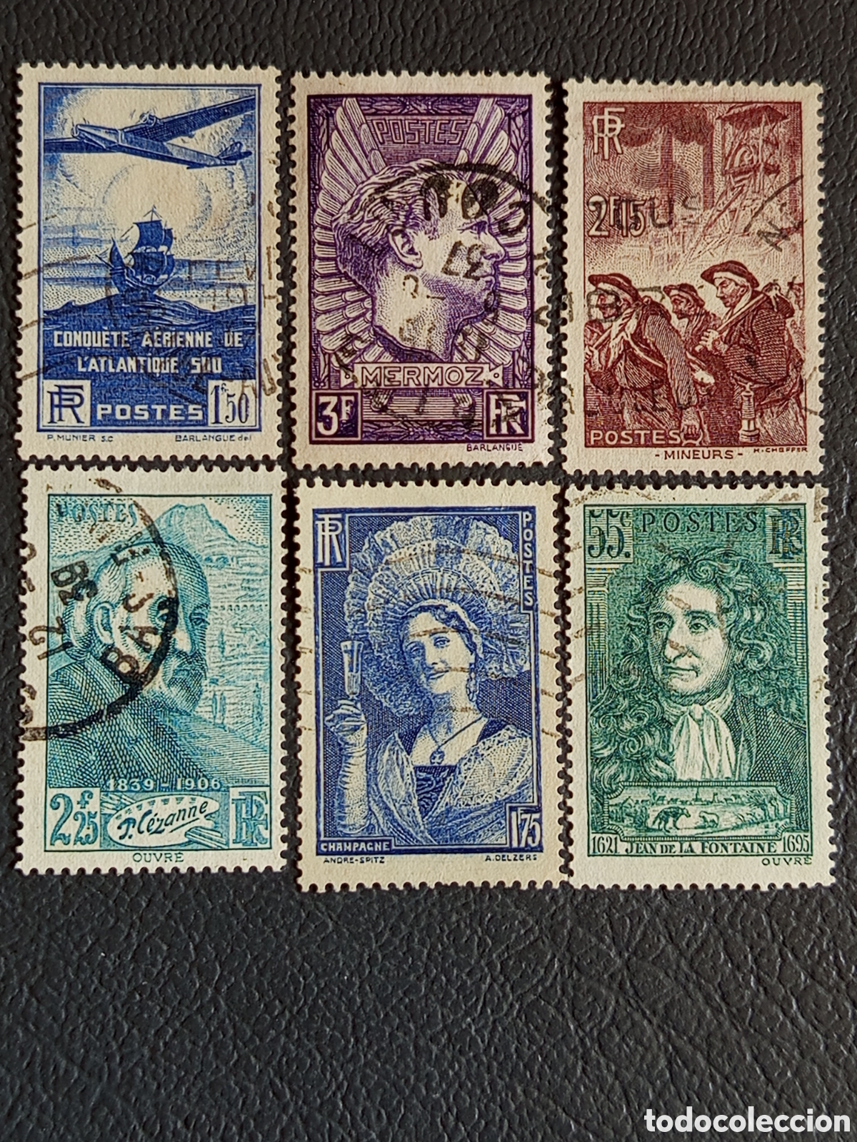 Francobolli: &rdquo;Francia 1936-39 Mermoz, C&eacute;zanne, La Fontaine, lote 6 sellos usados&rdquo;