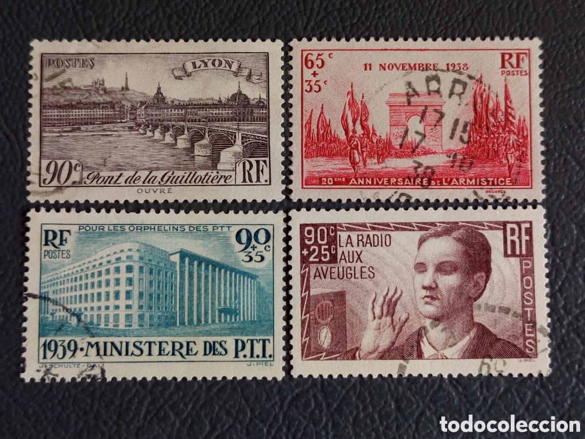 Francobolli: Francia lote 4 sellos 1938-1939 Armistice Orphelins Radio Lyon usados