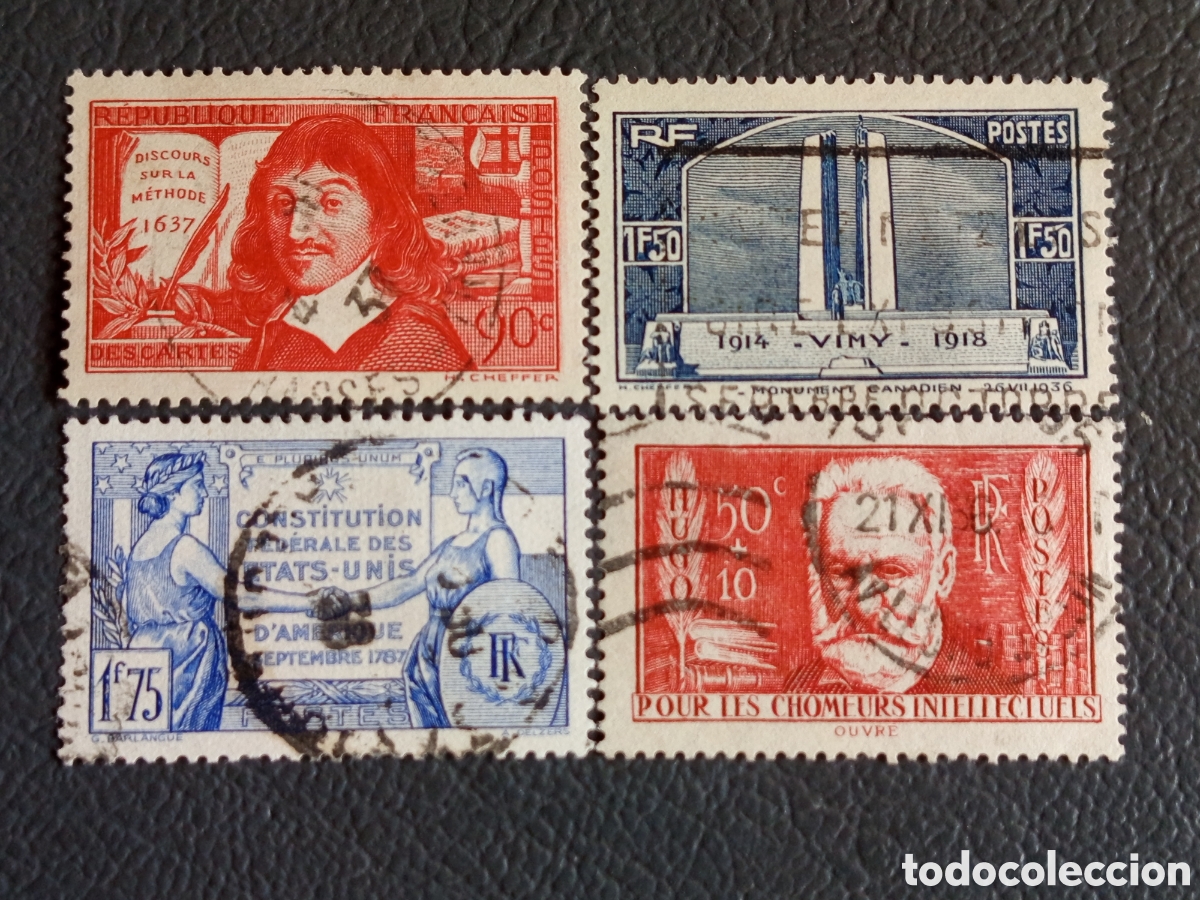 Sellos: Francia lote 4 sellos 1936-1937 Descartes Vimy Hugo Constituci&oacute;n usados