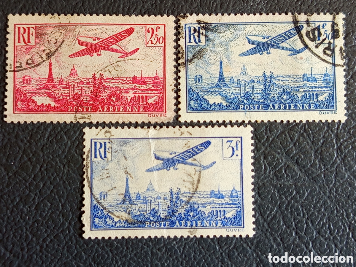 Sellos: Lote 3 Sellos Francia 1930/1934 Correo A&eacute;reo Vista de Par&iacute;s y Avi&oacute;n Usados