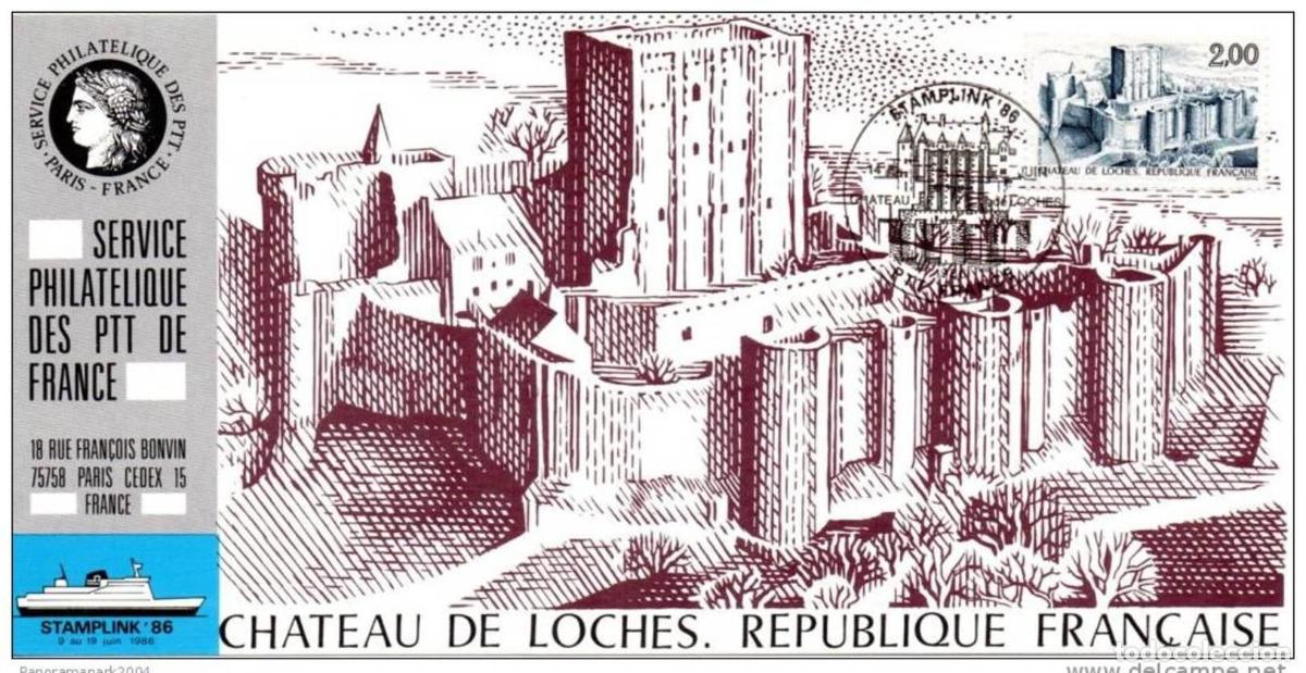Sellos: 028 Mapa oficial Exposici&oacute;n Stamplink 1986 Francia FDC Castillo de Loches