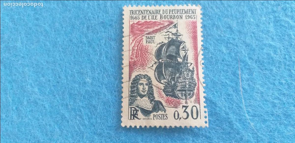Sellos: Usado. Sello de Francia. Yvert n&ordm; 1461. 3&ordm; centenario de la repoblaci&oacute;n de la isla de Bourbon. Barco