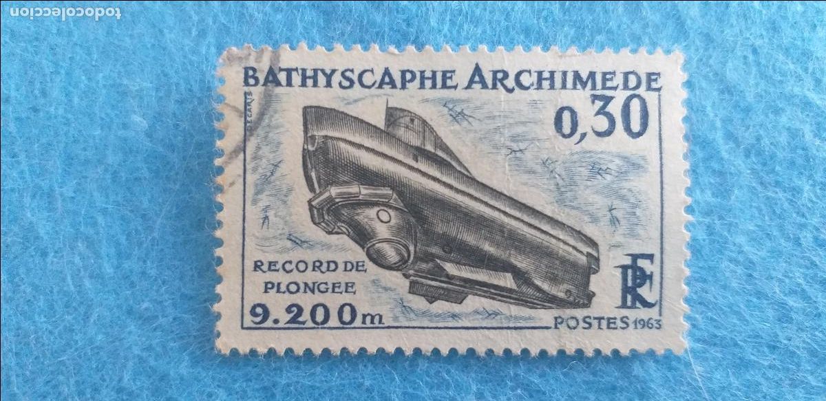 Sellos: Usado. Sello de Francia. YVERT 1368. A&Ntilde;O 1963. BATISCAFO ARQUIMEDES. Submarino