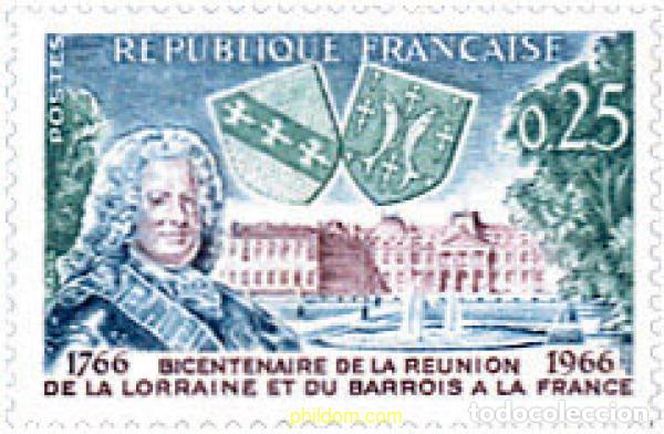 Sellos: 122088 MNH FRANCIA 1966 BICENTENARIO DE LA INTEGRACION DE LA LORRAINE Y DE BARROIS