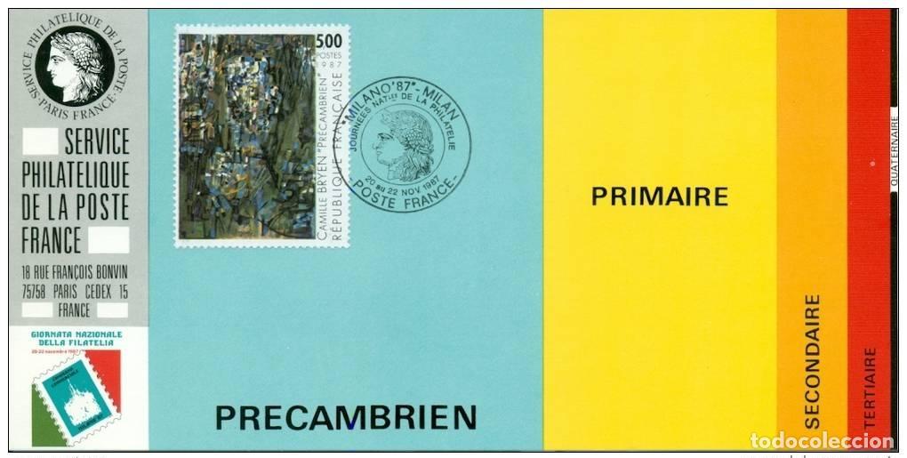 Sellos: 044 Mapa oficial Exposici&oacute;n Milano FDC 1987 Francia Camille Bryen Precambrien