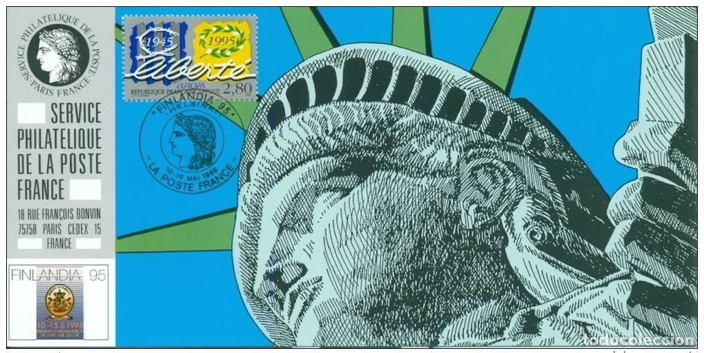 Sellos: 131 Tarjeta oficial de exhibici&oacute;n Helsinki 1995 FDC Europa CEPT Miss Liberty