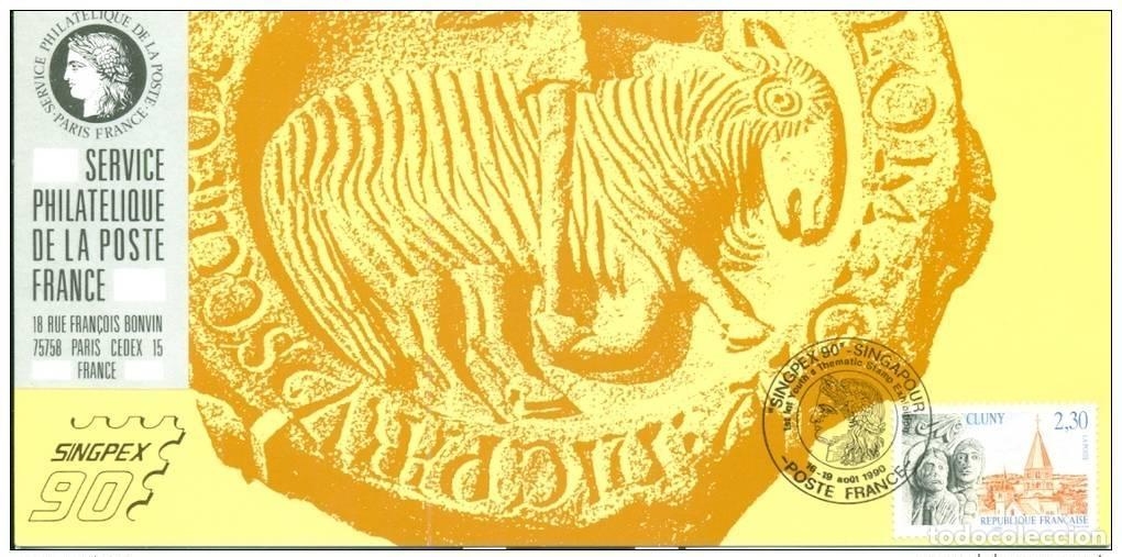Sellos: 065 Mapa oficial Exposici&oacute;n Singapur 1990 Francia FDC Abad&iacute;a de Cluny