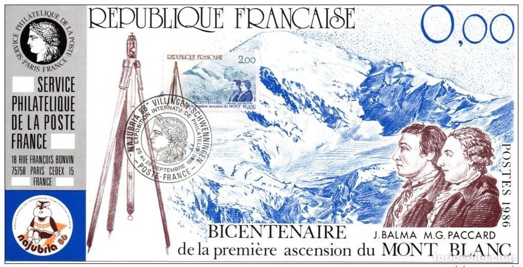Briefmarken: 032 Mapa oficial Exposici&oacute;n Najubria 1986 Francia FDC 200 a&ntilde;os Mont Blanc