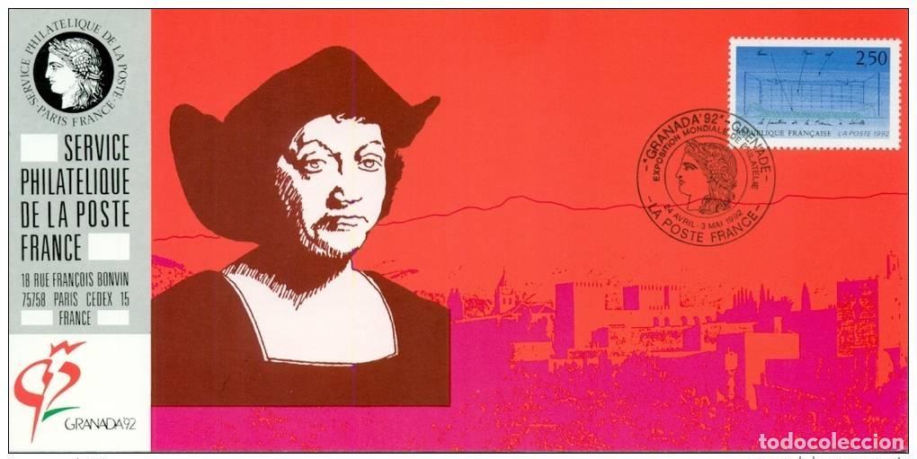 Sellos: 087 Mapa oficial Exposici&oacute;n Granada 1992 Francia FDC Christophe Colomb