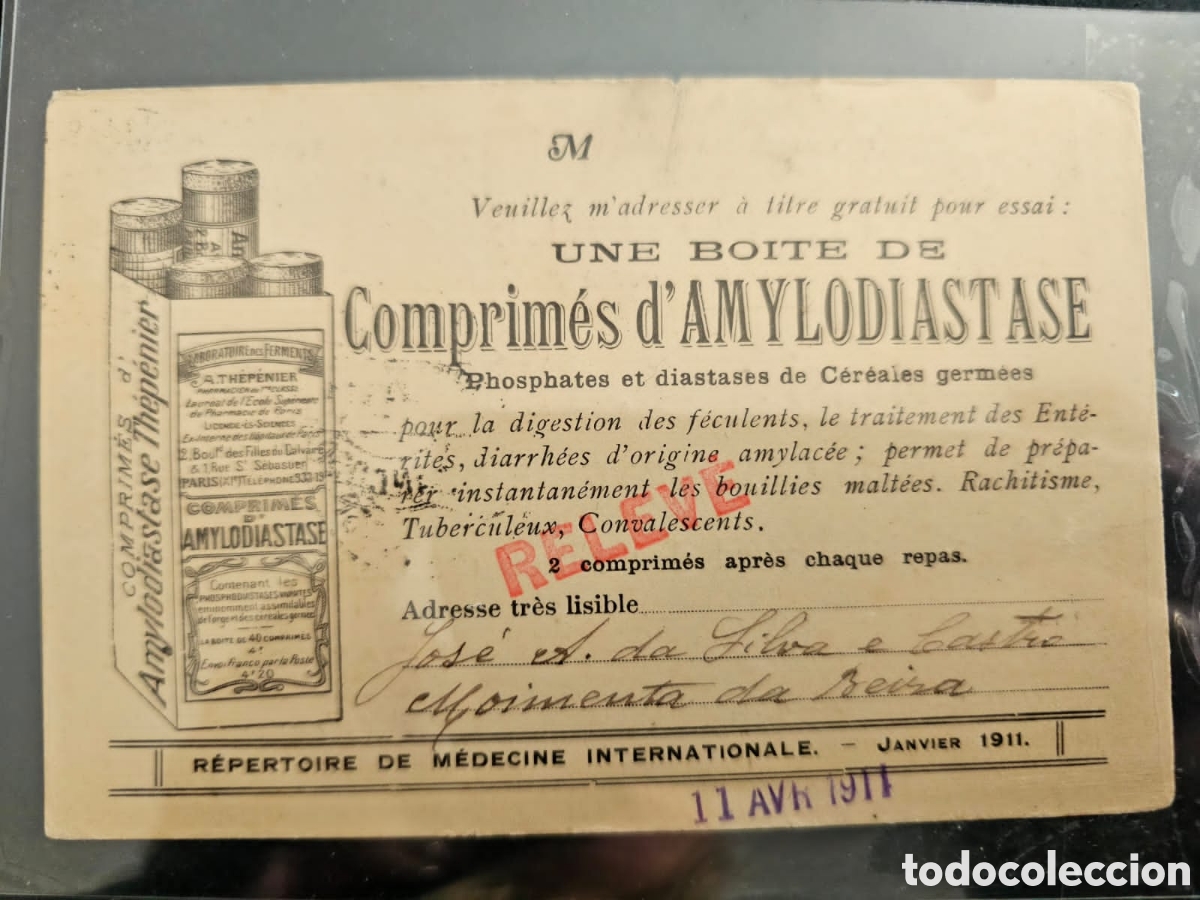 Sellos: CA)France + 1911 + Pharmaceutical Advertising + Medical promotional card for &ldquo;Comprim&eacute;s d&rsquo;Amylodiast