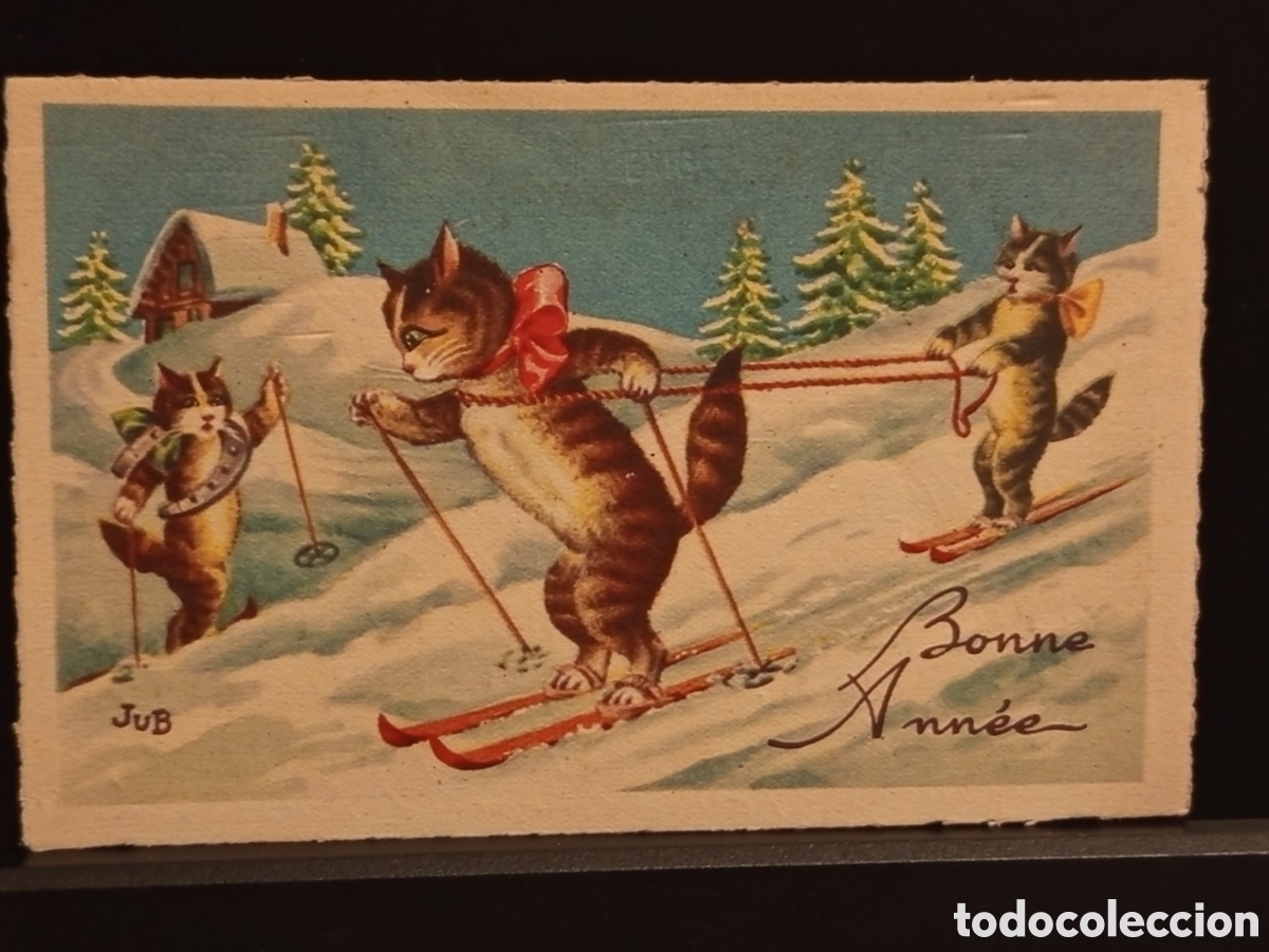 Sellos: &rdquo;Postal Bonne Ann&eacute;e - Gatos Esquiando JuB - Humor infantil - Circulada&rdquo;