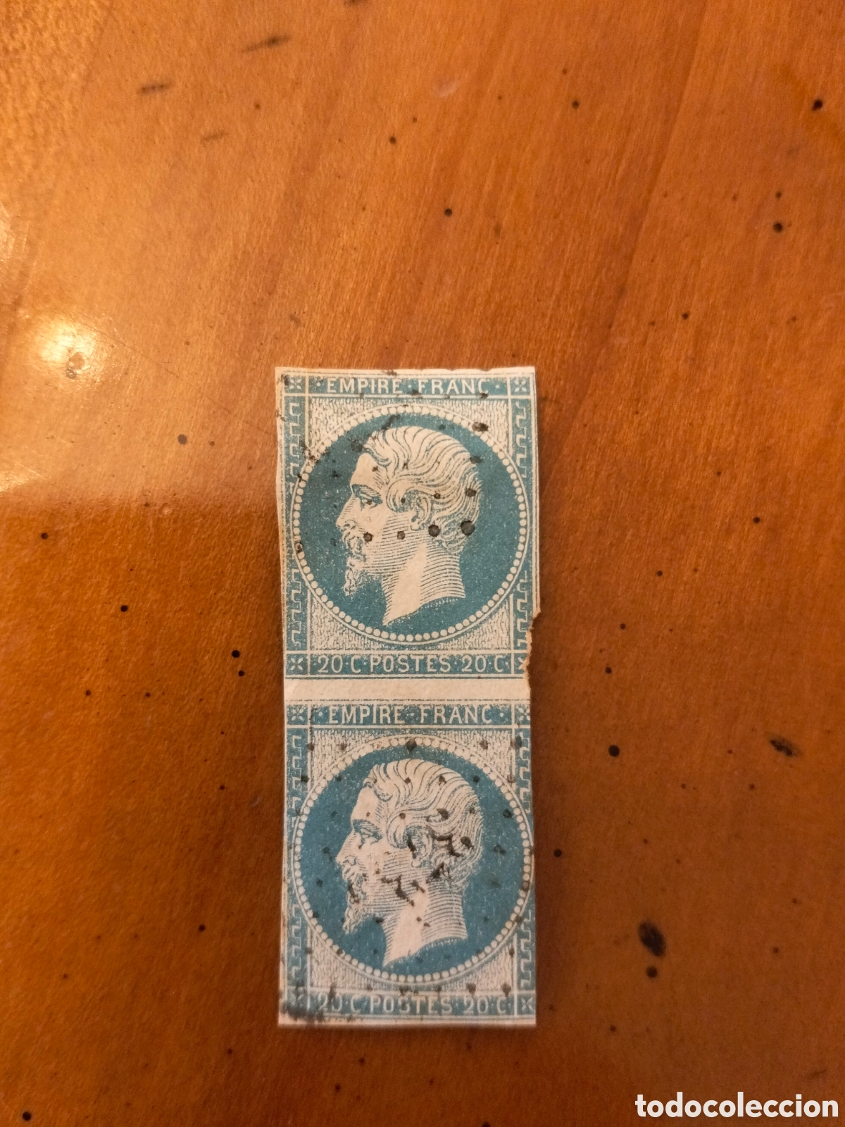 Sellos: Rara Pareja Vertical Francia 1854 - Napole&oacute;n III 20c Azul Imperforado Cl&aacute;sico Cat. Yvert 14