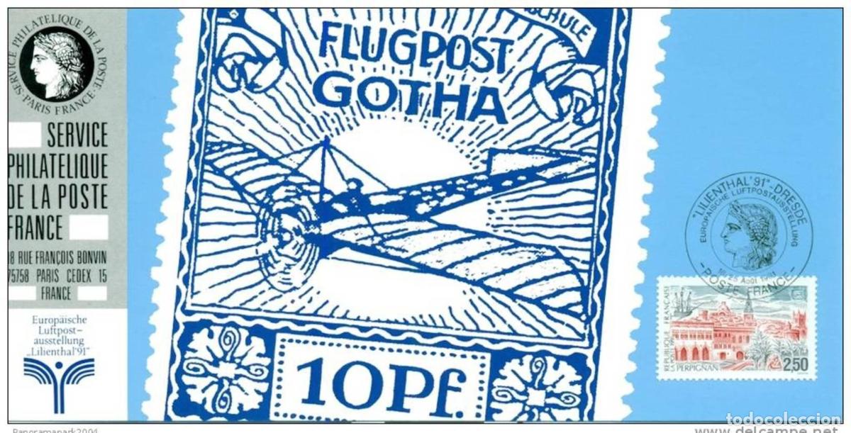 Sellos: 076 Mapa oficial Exposici&oacute;n Lilienthal 1991 Francia FDC Boat Avion