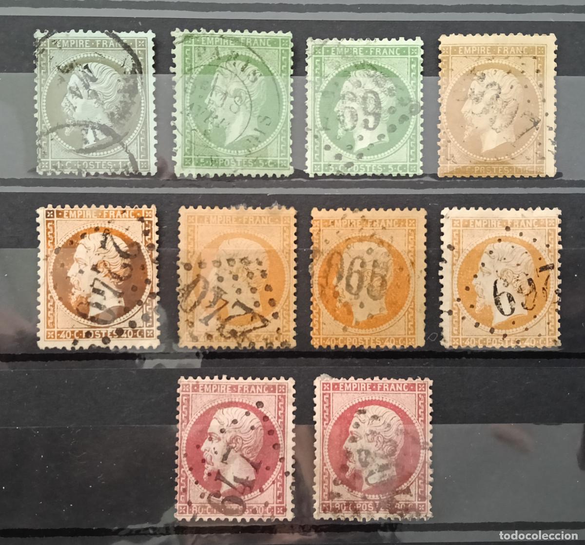 Timbres: Francia 1862 Yvert 19 20 21 23 24 - 10 valores Usado Napole&oacute;n III Leyenda Empire Franc