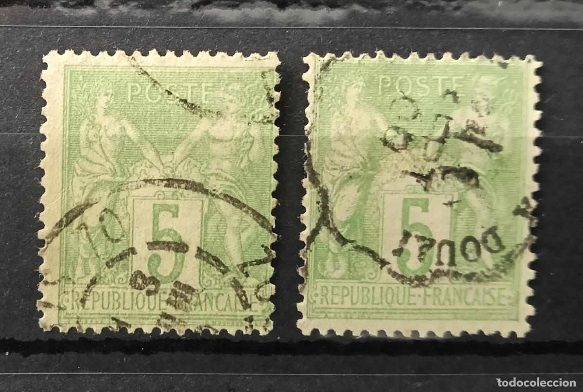 Briefmarken: Francia 1898 1900 Yvert 102 Usado x2 Sage Alegor&iacute;a Paz Comercio Tipo I N bajo B Verde amarillento