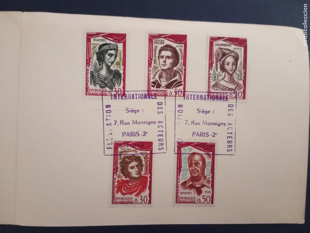 Sellos: FRANCIA,1961 , COMEDIANTES FRANCESES, TARJETA ESPECIAL