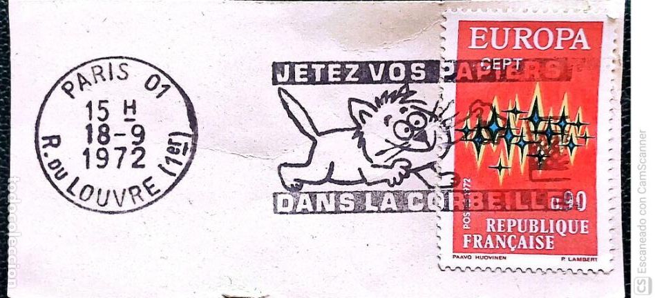 Sellos: Francia. 1715 Europa-Cept: Estrellas. Matasello 18-9-1972. Recorte de frontal de un sobre con un ga