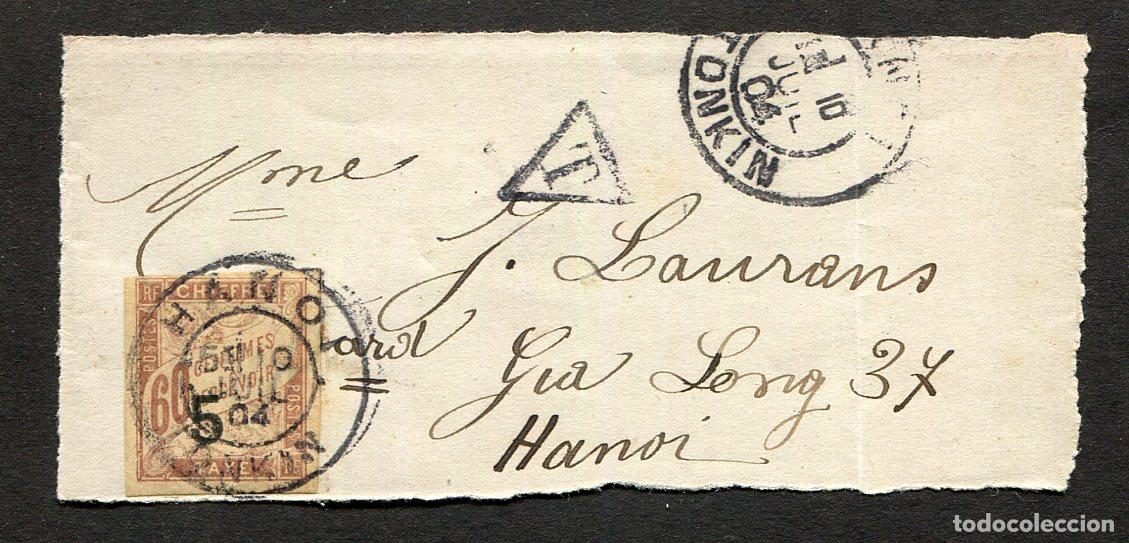 Sellos: Timbre taxe n&deg;1 des Colonies G&eacute;n&eacute;rales sur Fragment de Hanoi Tonkin 1904