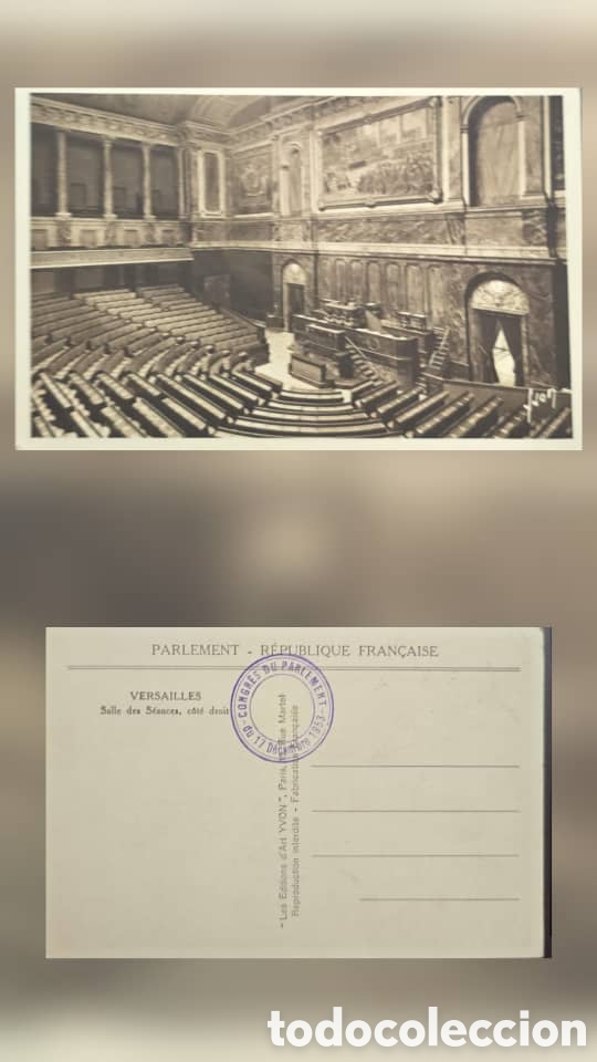 Sellos: CA)Francia + circa 1910 + Parlamento + Sepia postcard showing the ornate Assembly Hall at Versailles