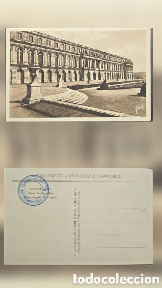 Sellos: CA)Francia + circa 1910 + Versailles + Sepia postcard showing the ornate fa&ccedil;ade of the Palace of Ver
