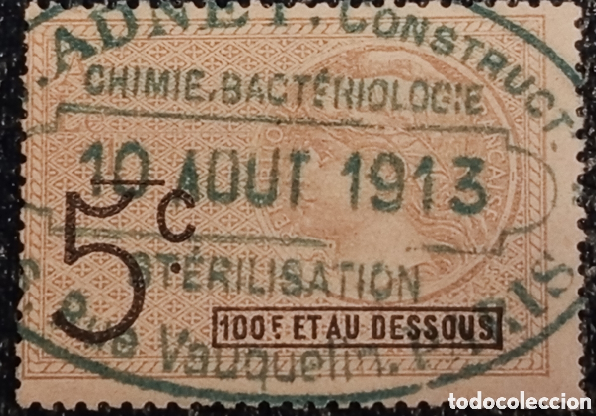 Sellos: Timbre Fiscal Francia 1913 5c Cancelaci&oacute;n Adnet Par&iacute;s Cat. Y&T / Forbin