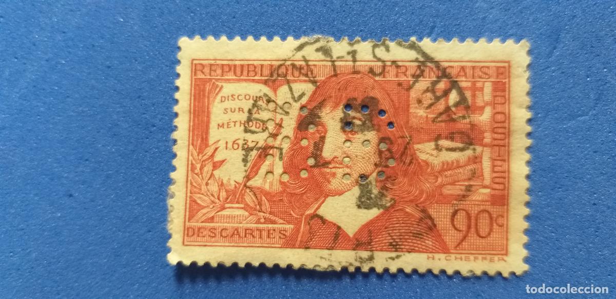 Sellos: Sello perfins. Perforado Letras. FRANCIA. YVERT 341. A&Ntilde;O 1937. CENT. &rdquo;DISCURSO DEL M&Eacute;TODO&rdquo; DESCARTES