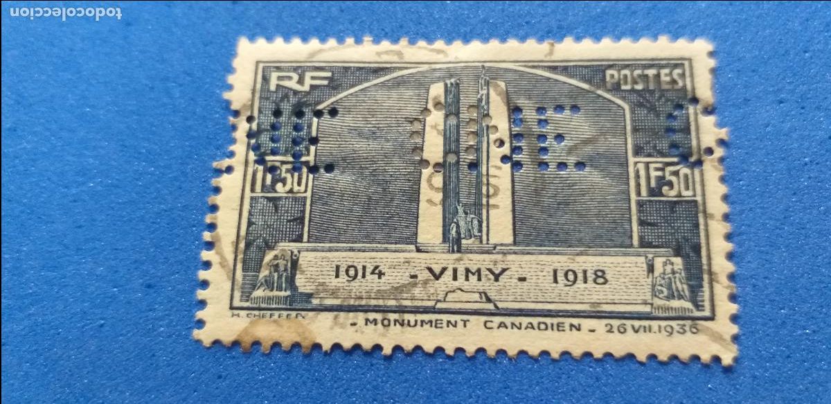 Sellos: Sello perfins. Perforado Letras CNE. FRANCIA 1936, YVERT. 317. MEMORIA DE LOS CANADIENSES muertos