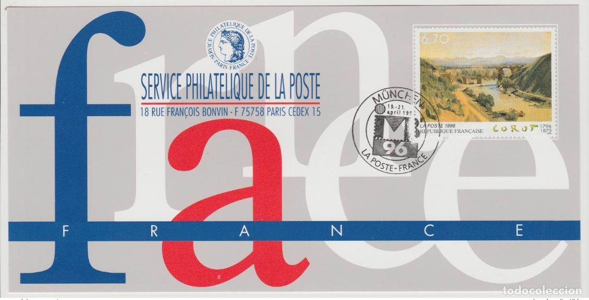 Sellos: 138 Mapa oficial Exposici&oacute;n M&uacute;nich 1996 Francia FDC Pintura Arte Corot Kunst
