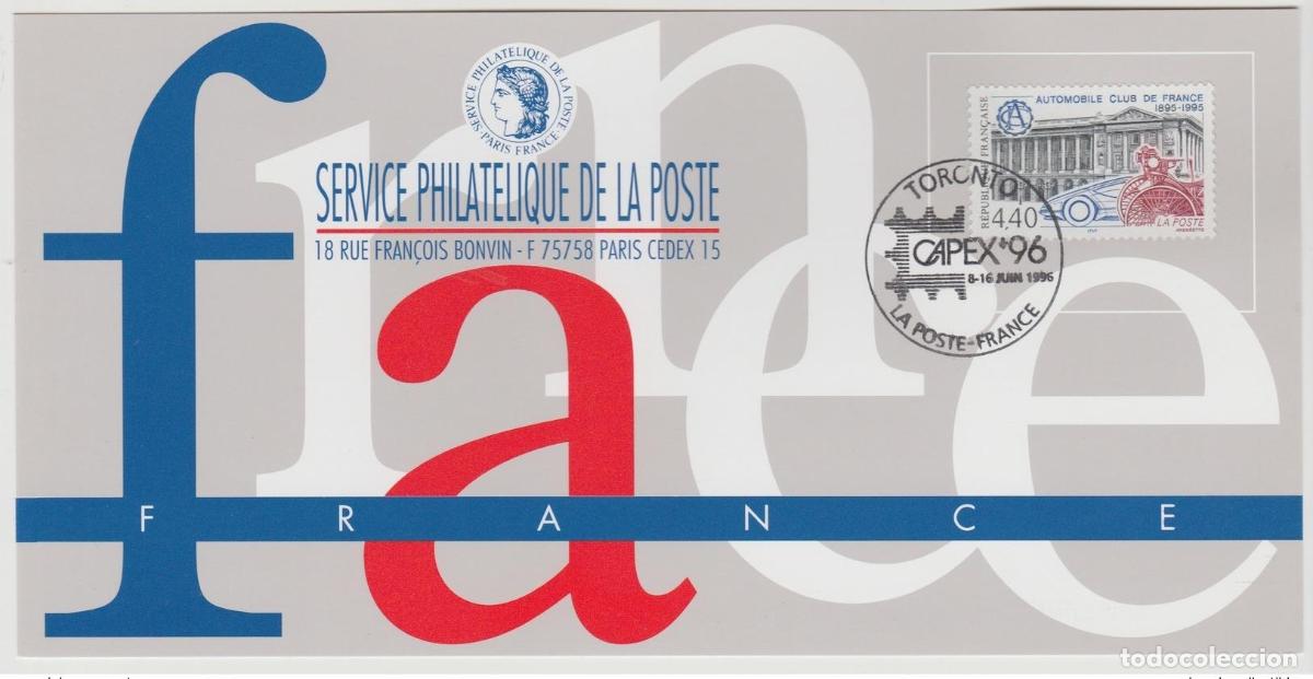 Sellos: 142 Tarjeta oficial de exhibici&oacute;n Capex Toronto 1996 France FDC Automobile Club