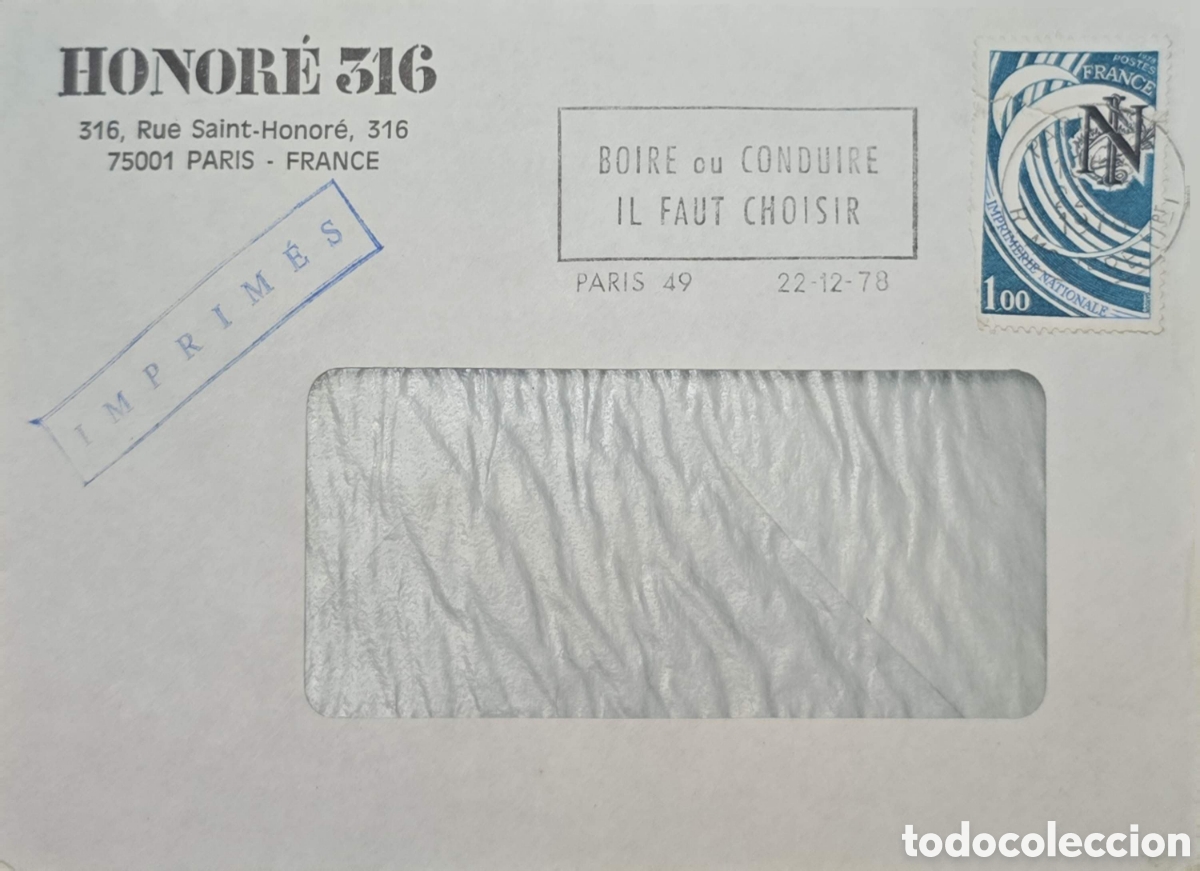 Sellos: CA) Francia1978 commercial window envelope sent from &rdquo;Honor&eacute; 316&rdquo; in Paris, France. It features a bl