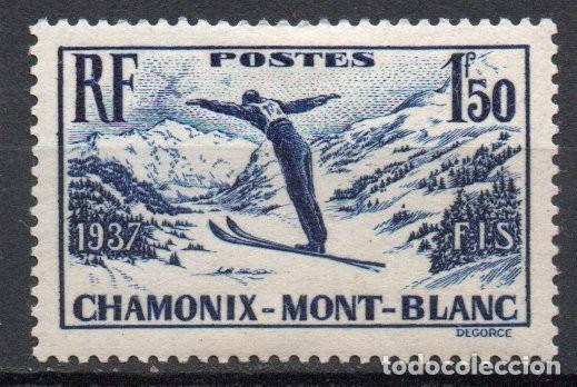 Sellos: FRANCIA A&Ntilde;O 1937 YV 334* (MVLH) CAMPEONATO INTERNACIONAL DE ESQU&Iacute; EN CHAMONIX DEPORTES DE INVIERNO